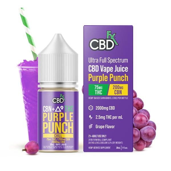 CBN + Delta-9 THC Vape Juice: Purple Punch - CBDfx.com CBN + Delta-9 THC Vape Juice: Purple Punch - CBDfx.com